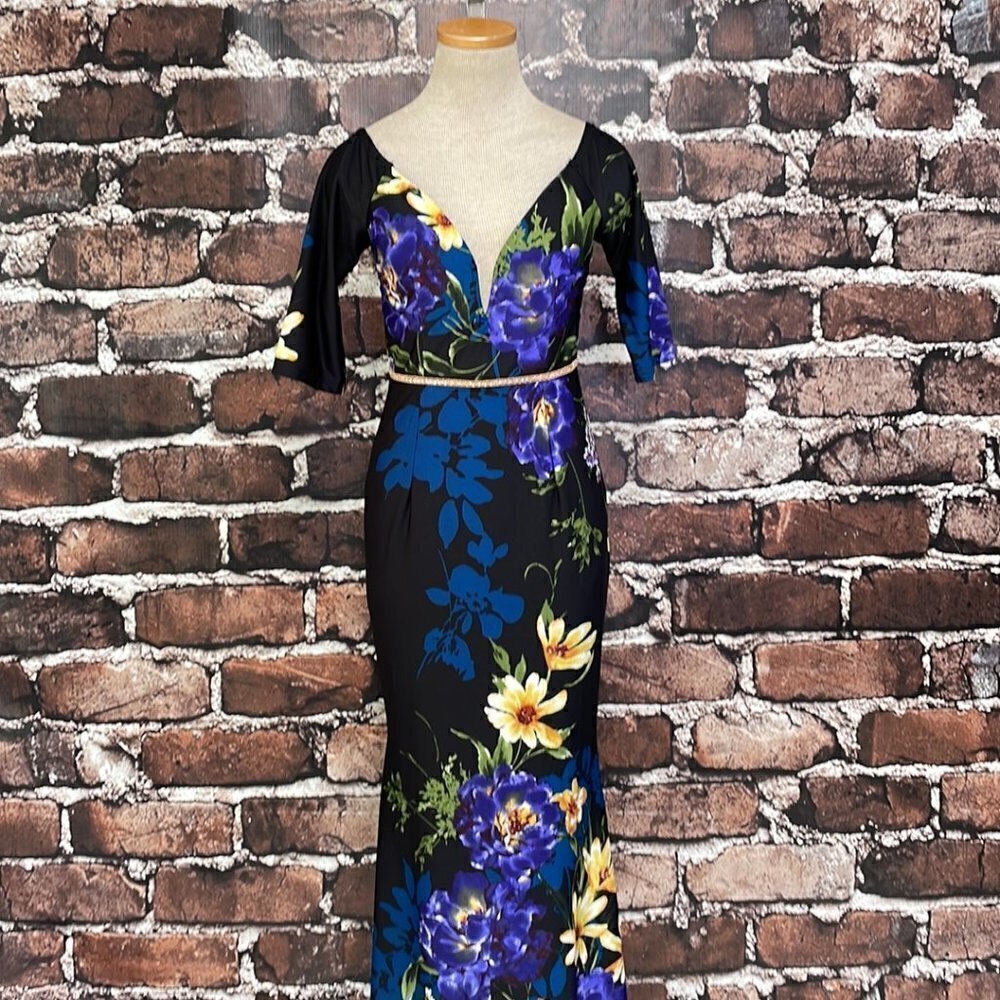 Soiéblu NWT Mermaid Gown V Neck Short Sleeve Dress Black Violet Size Small S - Picture 5 of 17